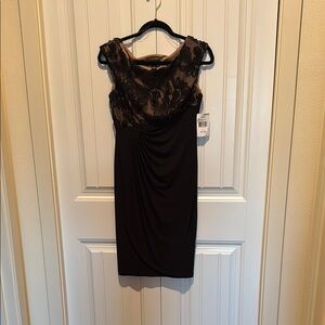 Elegant Cocktail Black Dress with Lace Top Overlay